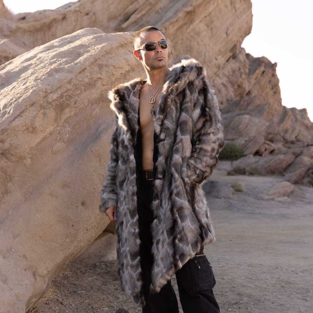 FURROCIOUS FURR Men’s Faux Fur Gray Brown Hooded Coat for Festivals, Burning Man